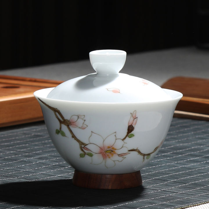Japanese Style Ceramic Wood Combined New Style Tea Table Cover Bowl Hand-Painted Harmonious Wood Base Anti-Scratch Pear Wood Bottom
