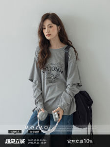 เสื้อยืดคอกลมแขนยาวพิมพ์ลายตัวอักษรสีเทาสำหรับผู้หญิง ทรงหลวม ผ้าฝ้ายผสม ฤดูร้อน 2025 สำหรับผู้หญิงวัย 18-24 ปี