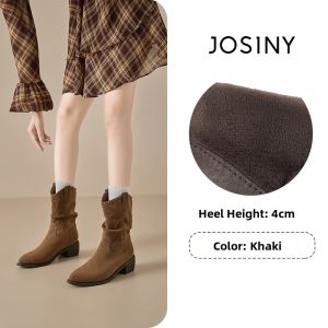 Josiny | Winter Pointed Stacked Boots Thinning Brown Fleece Lined
