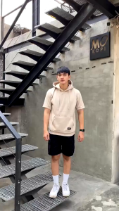 Sweater Hoodie Lengan Pendek Pria Beige - Short Hoodie Fleece Steigen - Jumper Tangan Pendek Tebal