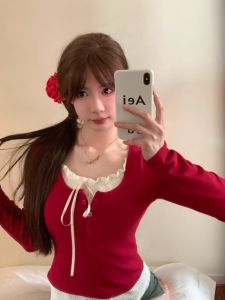 Pure Desire Spicy Girl Wooden Edge Ear Splice Shoulder Length Long Sleeve T-Shirt Womens Wine Red Color White Short Fake Two-Piece Top Trendy
