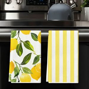 2Pcs Lemon and Yellow and White Striped Kitchen Towels 40Cm*60Cm Towel Set Super Absorbent Soft Cleaning Cloth Cooking and Baking Tea Towel Hand Towel Cleaning Cloth Dishwashing Cloth Kitchen Decoration Living Room Decorations Kitchen Essenti...