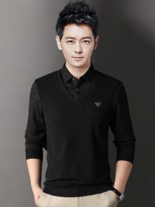 ROMON | Áo len dệt kim giả hai mảnh cho nam mùa thu đông mới về phong cách công sở thường ngày ấm áp cổ bẻ áo sơ mi