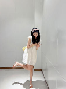 Sweet Little Puff Sleeve Embroidered Pleated A-Line Doll Dress Womens Summer Short Skirt Style Korean High Waist Kimono Sleeve