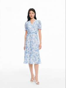 Koradior | Elegant Rose Print Short Sleeve Dress