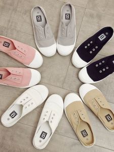 Spring New Womens Canvas Slip-On Shoes Breathable Flat Low-Top Lazy Style Student Versatile Solid Color Footwear round Toe