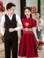 Red Chinese Style Cheongsam Wedding Dress New Version Short Sleeve Middle Waist A-Line Skirt for Bride Gown Custom Made. 
