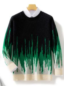 Fashionable Loose Fit round Neck Mens Knitwear 100 Wool Base Shirt Autumn Winter New Style Color Block Business Casual