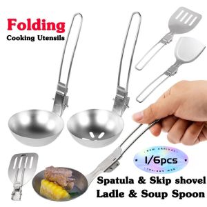 1/6pcs Camping Cookware Set Folding Stainless Steel Shovel Spoon Colander Outdoor Picnic Travel Kitchen Cooking Utensils