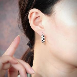 Huitan Women Hoop Earrings Black and White Checked Design Elegant Accessories for Party Daily Graceful Fashion Metal Jewelry