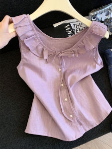 เสื้อเชิ้ตแขนกุดคอตุ้มผูกโบว์สไตล์หวานสำหรับผู้หญิงในช่วงฤดูร้อน ใส่สบาย สวมใส่ได้ตลอดทั้งปี ความยาวปกติ