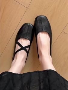 Women Square Toe Ballet Flats Elastic Cross Strap Mary Jane Shoes Vintage Faux Leather Slip‑On Flat Pumps Soft Comfort Casual