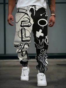 Mens Autumn Personalized Letter Graffiti Printed Micro Elastic Comfortable Drawstring Pants Outdoor Urban Joint Style Pants