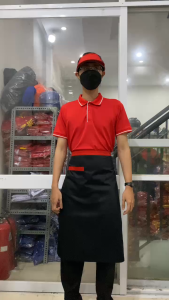 Trọn bộ đồng phục tạp dề ĐEN  Áo thun polo màu đỏ viền + Nón kết nửa đầu + Tạp dề ngắn đen vải kaki | Hàng đẹp