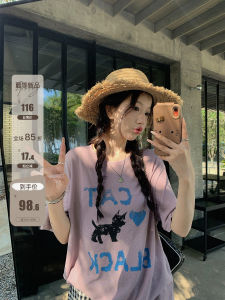 Ibell Zhang Linen Feel T-Shirt Short Sleeve Letter Print Loose Fit round Neck Casual Womens Top Cotton Polyester Blend