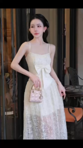 Đầm nữ dáng dài hai dây vải ren mềm thiết kế nơ to phong cách sang chảnh NEWFASHION99