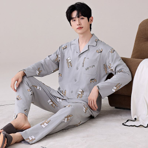 MiiOW | Bộ đồ ngủ cotton nguyên chất cho cặp đôi MiiOW dành cho nam và nữ mùa xuân thu dài tay áo len cardigan hở bên hông quần dài thoải mái