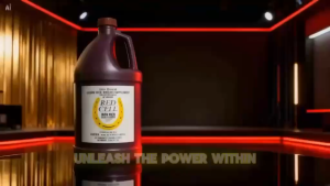 Yuca Flavored Vitamin Iron Supplement for Hens Red Cell Iron Rich. Large purple plastic jug with rooster on wooden base.