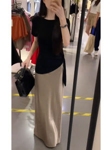 YUEZHONGWEI | Summer Ice Silk Knitted Short Sleeve T-Shirt Womens Slim Fit Waist Cinching Belted Top Korean Style Regular Sleeve Round Neck