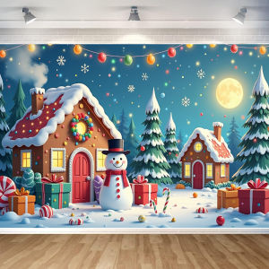 Christmas Banner Holiday Theme Gingerbread House Snowflakes Winter Scene for Home Party Event Decoration