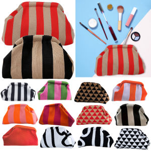 Women Handbag Colorblock Knitted Women Bag Large Mouth Cosmetic Cellphone Keys Stoarge Pouch Summer Beach Clutch Lady Purse
