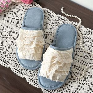 Indoor Breathable Lace Slippers Womens Home Fabric Slippers Anti-Slip Waterproof Sweat Absorbent Quiet Floor Walking Sandals