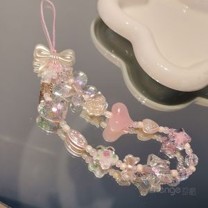 Pink Girl Heart Mobile Phone Chain Short Hand Strap Butterfly Knot Crystal Camera Pendant Shell Durable Fashionable Accessories