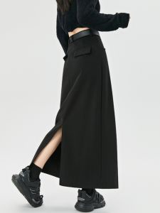 Thickened Woolen Suit Skirt Womens Autumn Winter New High Waist Large Size Slimming Slit Straight Long Wrap around Skirt