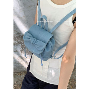 Trendy Denim Bucket Bag Womens Backpack Versatile Shoulder Bag College Style Soft Handle Butterfly Knot Pure Color Summer 2024