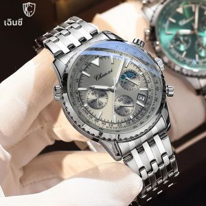CHENXI นาฬิกาผู้ชายธุรกิจแบรนด์ชั้นนํา Original นาฬิกาควอตซ์สําหรับชายสีเทา Dial Moon Phase วันที่ Chronograph นาฬิกาข้อมือกันน้ํา