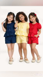 BB Chic Ruffle-Trimmed Cotton-Blend Womens Casual Set in Yellow/Red/Navy