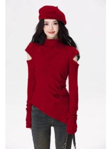 เสื้อสเวตเตอร์คอปกสูงครึ่งตัวสีแดงสดสำหรับผู้หญิงในฤดูใบไม้ร่วงและฤดูหนาว เสื้อชั้นในแบบมีฮู้ดสำหรับใส่ในปี 2025 ปีมังกร