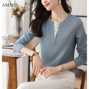 ผ้าเซลล์ AMMIN สำหรับผู้หญิง - เสื้อเบลาส์ คอกลม กระดูกแฟชั่น ล้วนสไตล์ 2023 ของผู้หญิงเสื้อยืดผ้าฝ้าย ร่วง รูปแบบ 20 ชม