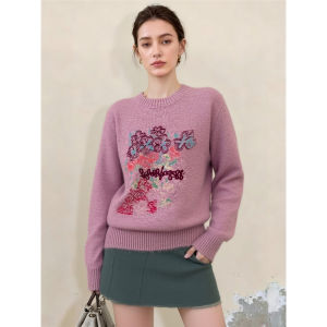 XIYUQI | Pink Round Collar Embroidered Knitted Sweater