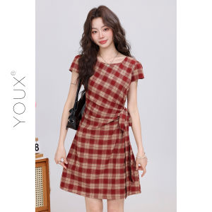 YOUXIANG | Đầm Tey Short Tay In Hình Caro Nẹp Eo