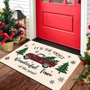 VIKAMA Santa Reindeer Doormat Red Snowy Peek Pattern Merry Christmas Ornament Non Slip Entrance Rug Xmas Floor Mat Front Door