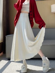 Textured Knitted Pleated High Waist Midi Skirt Women Winter Soft Sweet A-Line Umbrella Skirt Korean Style Commute Wool Blend