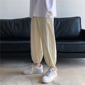 Summer Thin Cotton Linen Mens Loose Casual Fashion Drawstring Lantern Pants High Waist Wide Leg Nine Points Casual Trousers