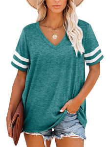 Loose V-Neck Striped Short Sleeve Womens T-Shirt Casual Style Comfortable Fit Ladys Top Summer Fashion Chinese Brand