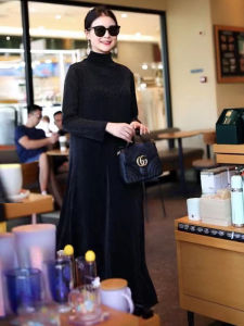 Elegant Pearl Lace Slim Fit High Collar Long Dress Autumn New Style Commute A-Line Skirt Single Piece Long Sleeve Dress