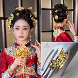 Gold Chinese Style Wedding Bride Show He Headwear Anti-Aging Ancient Style Hanfu Dragon And Phoenix Dress Marriage Traditional Costume Hair Accessories