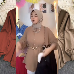 Safaraz Kemeja Wanita Polos Motif Rantai Lengan Balon Korean Style MELDA Oversize Jumbo M L XL XXL