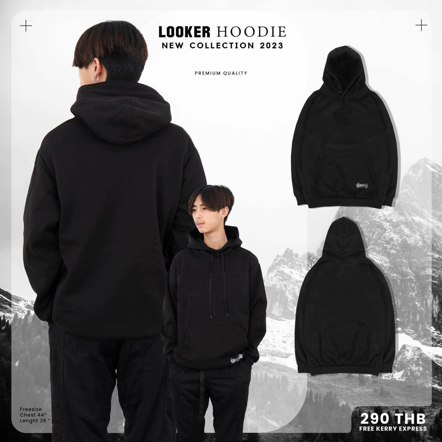 LOOKER - Hoodies เสื้อฮู้ดสีดำ เสื้อฮู้ดแขนยาว