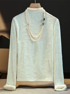 Áo Sơ Mi Dài Tay Cổ Điển Mới Áo Lót Bên Trong Phong Cách Trung Hoa Áo Dài Tay Thêu Hoa Áo Sơ Mi Lót Ren Dày Giữ Nhiệt