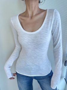 Chic Early Autumn Long Sleeve U-Neck T-Shirt Womens Slim Fit Bamboo Cotton Base Shirt Outerwear Innerwear Casual Top