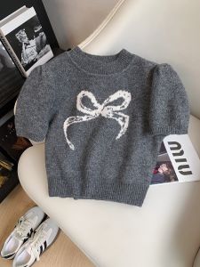 Princess Diary Atmosphere Butterfly Knot Knitted Short Sleeve Womens Spring Summer Small Size Elegant Short Top Trendy