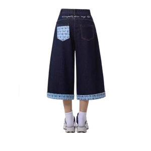 QIANCHANGNAAI | American Bow Embroidered Plaid Patchwork Casual Loose Wide Leg Jean Shorts
