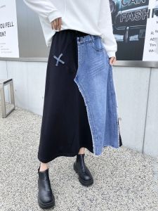 การเย็บปะติดปะต่อบุคลิกภาพ เดนิม กระโปรง สูง เอว สลิมฟิต สตรีทสไตล์ กระโปรงยาวปานกลาง ทรงเอ ผ้าฝ้าย ผสมผสาน ฤดูใบไม้ร่วง สินค้ามาใหม่