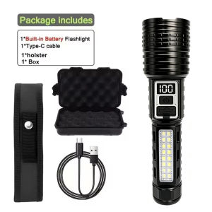 Đèn Pin LED Công Suất Cao Có Đèn COB Bên Hông Có Thể Sạc Lại Bằng TYPE-C Chống Nước Dùng Cho Cắm Trại Ngoài Trời Đi Bộ Đường Dài Màu Đen 20W Thời Gian Hoạt Động 2-3 Giờ