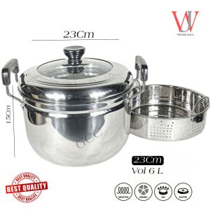 Winnjaya Panci Dandang Kukus Bakpao Somay Stainless Steel Tebal Panci Steamer Serbaguna / Panca Guna Ukuran 23Cm
